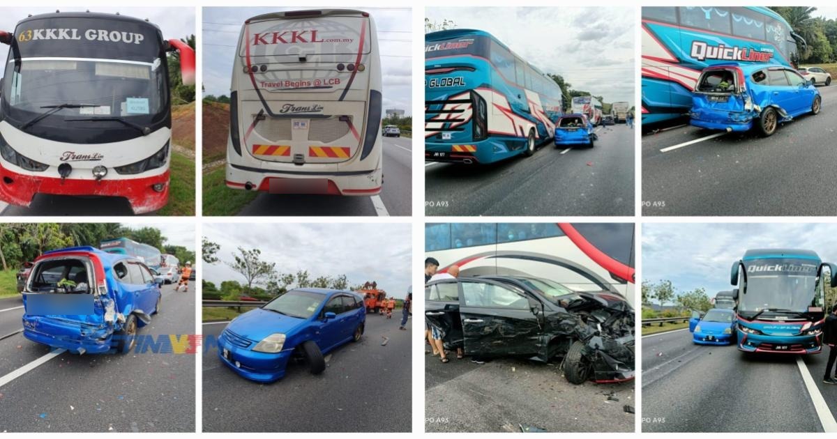 Kemalangan tiga bas ekspres di Jasin, enam beranak cemas dirempuh