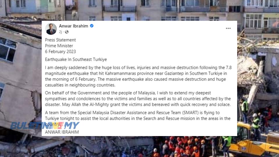 PM Anwar ucap takziah kepada mangsa tragedi gempa bumi Turkiye