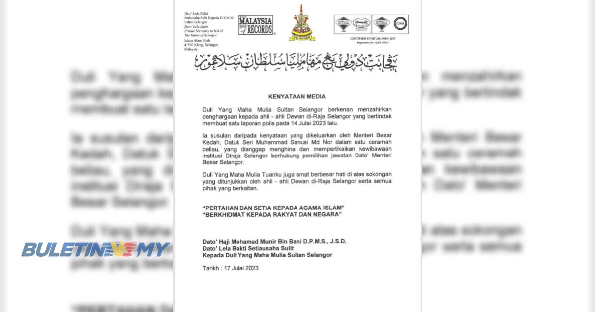 Sultan Selangor zahirkan penghargaan kepada ahli-ahli Dewan di-Raja Selangor kerana membuat laporan polis