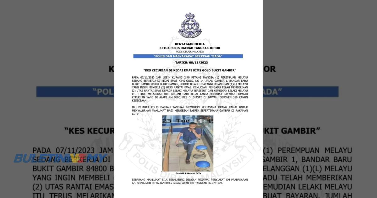 Polis Tangkak buru lelaki larikan rantai emas bernilai RM9,800