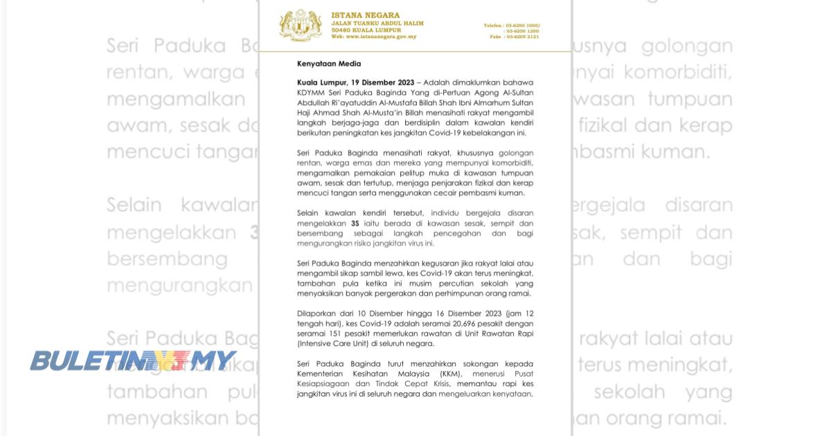 Agong nasihat rakyat ambil langkah berjaga-jaga, disiplin dalam kawalan kendiri hadapi COVID-19