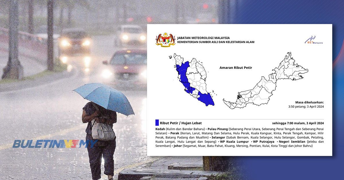 Ribut petir, hujan lebat di KL, Putrajaya hingga jam 7 petang