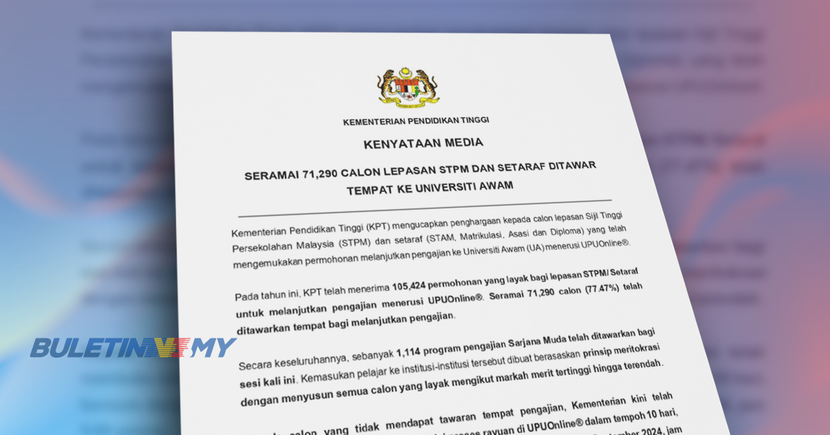 71,290 lepasan SPTM, setaraf ditawar masuk universiti awam