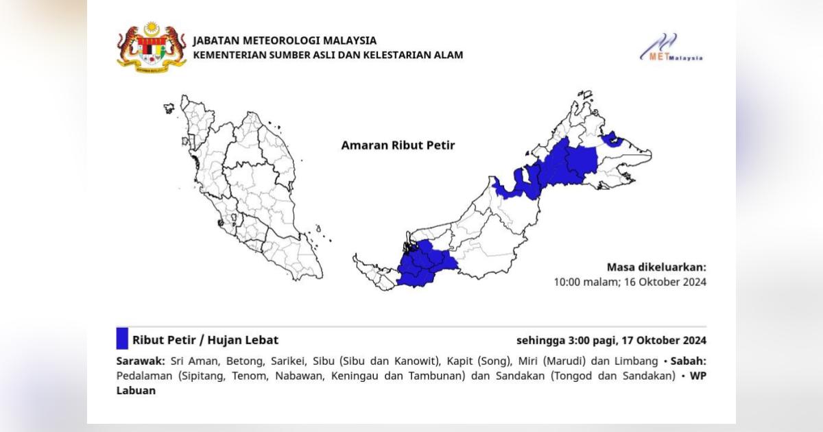 Amaran ribut petir, hujan lebat di Sabah, Labuan dan Sarawak