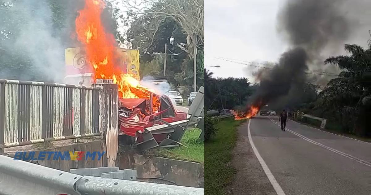 [VIDEO] Tiga rentung kereta terbakar rempuh tembok jambatan