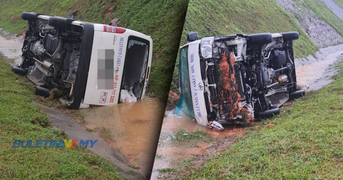 Pemandu cedera ringan, van mayat terbalik bergesel dengan lori