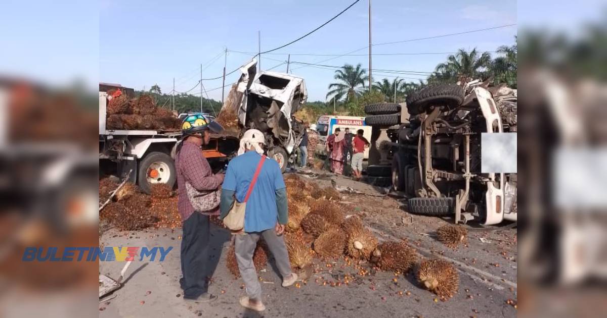 2 lelaki parah dalam kemalangan babit 2 lori muatan kelapa sawit