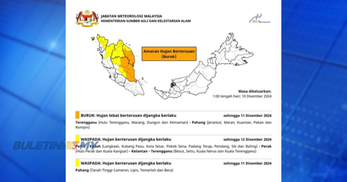 MetMalaysia ramal hujan berterusan tahap buruk di Terengganu, Pahang sehingga esok