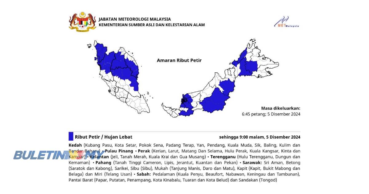 Amaran hujan lebat di 8 negeri sehingga 9 malam