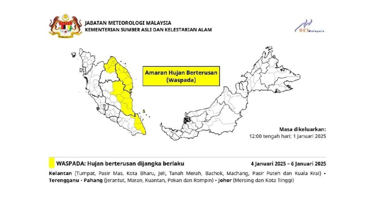 Amaran hujan berterusan tahap waspada di 4 negeri mulai Sabtu ini