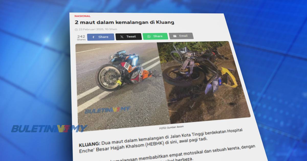 2 maut di Kluang: Motosikal masuk arah bertentangan, bergesel antara punca kemalangan