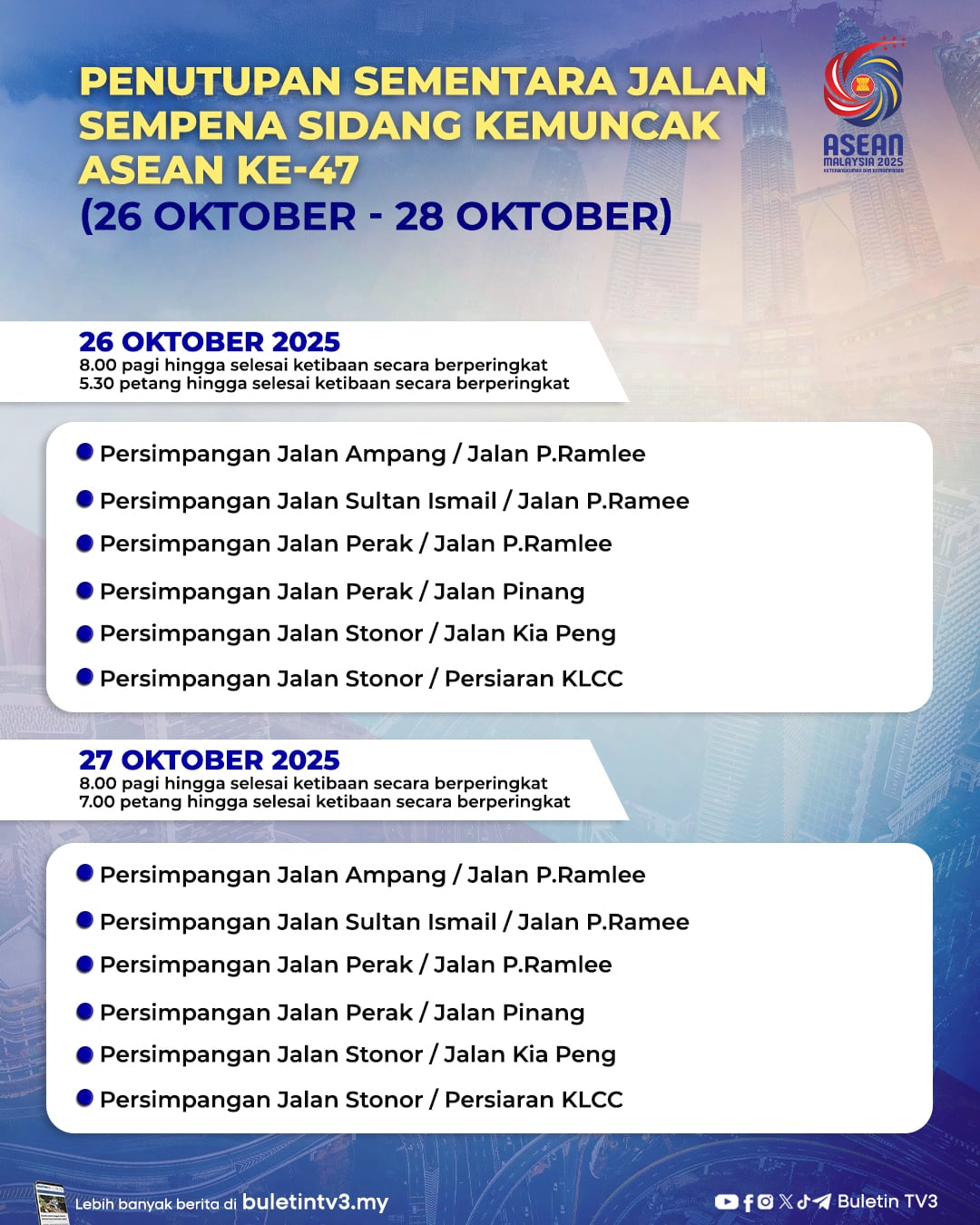 Penutupan jalan sementara sempena Sidang Kemuncak ASEAN ke-47